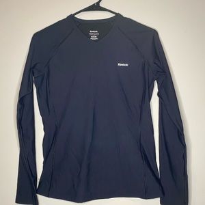 Reebok play dry, black, high v neck long sleeve layering top